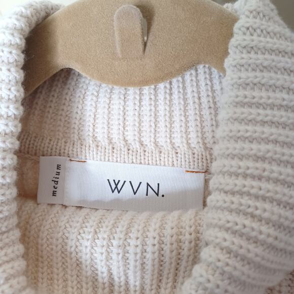 WVN Organic Cotton Neck Beige Chunky Knit Ribbed Turtleneck Sweater Medium - Picture 3 of 7